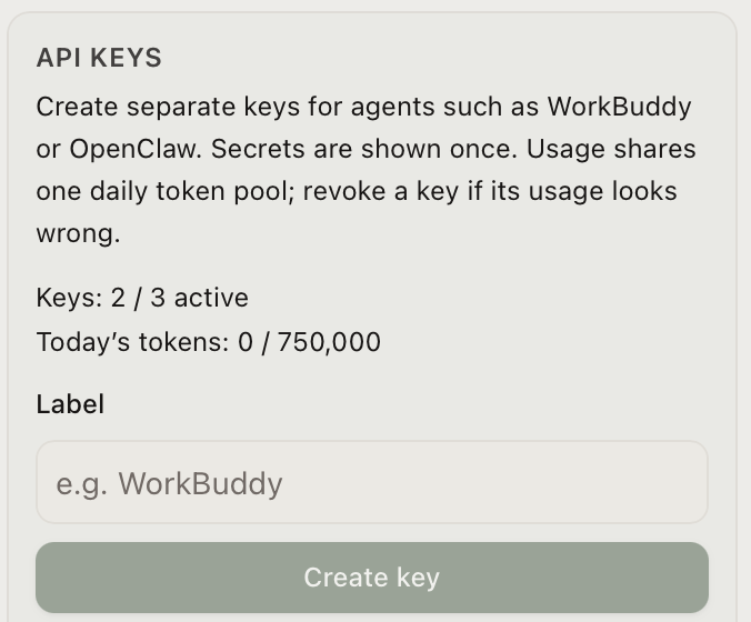 TeeChat Settings: Account → API keys