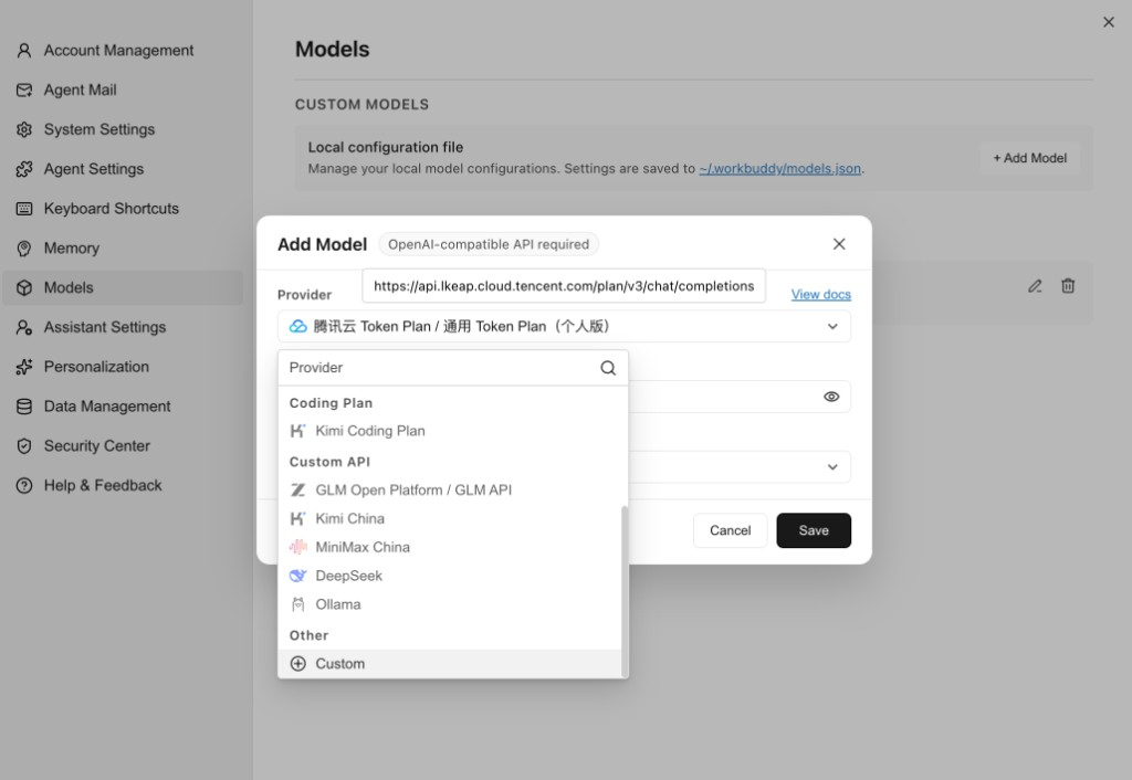 WorkBuddy: Settings → Model → Custom