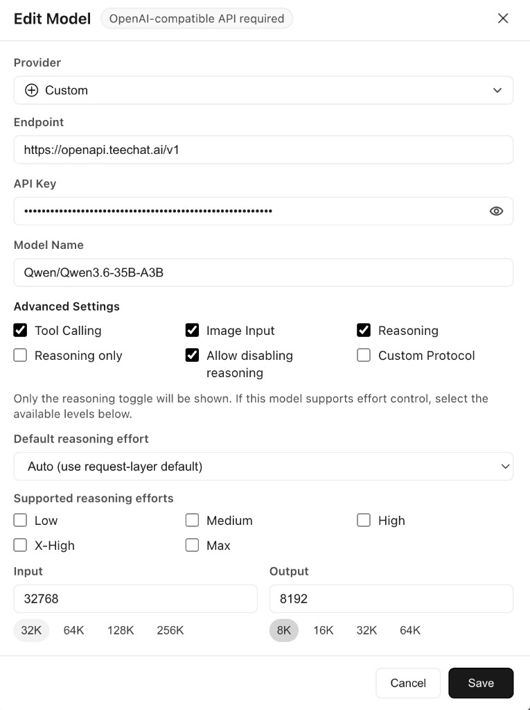 WorkBuddy: TeeChat URL, key, and model filled in