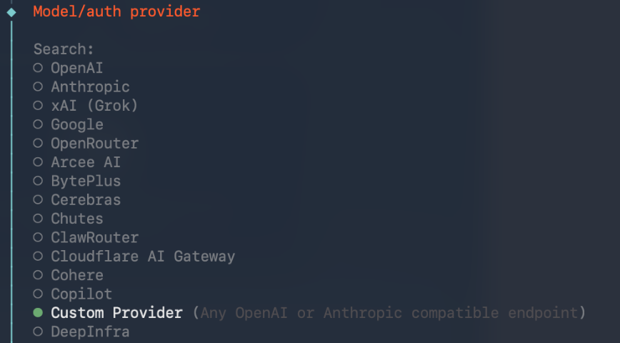 OpenClaw: select Custom Provider