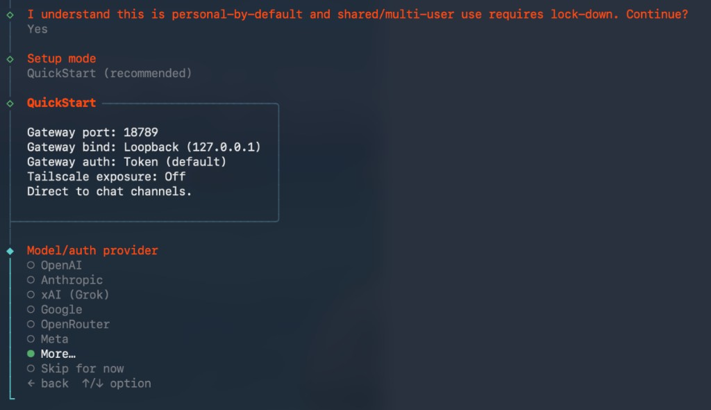 OpenClaw: select More… under Model/auth provider