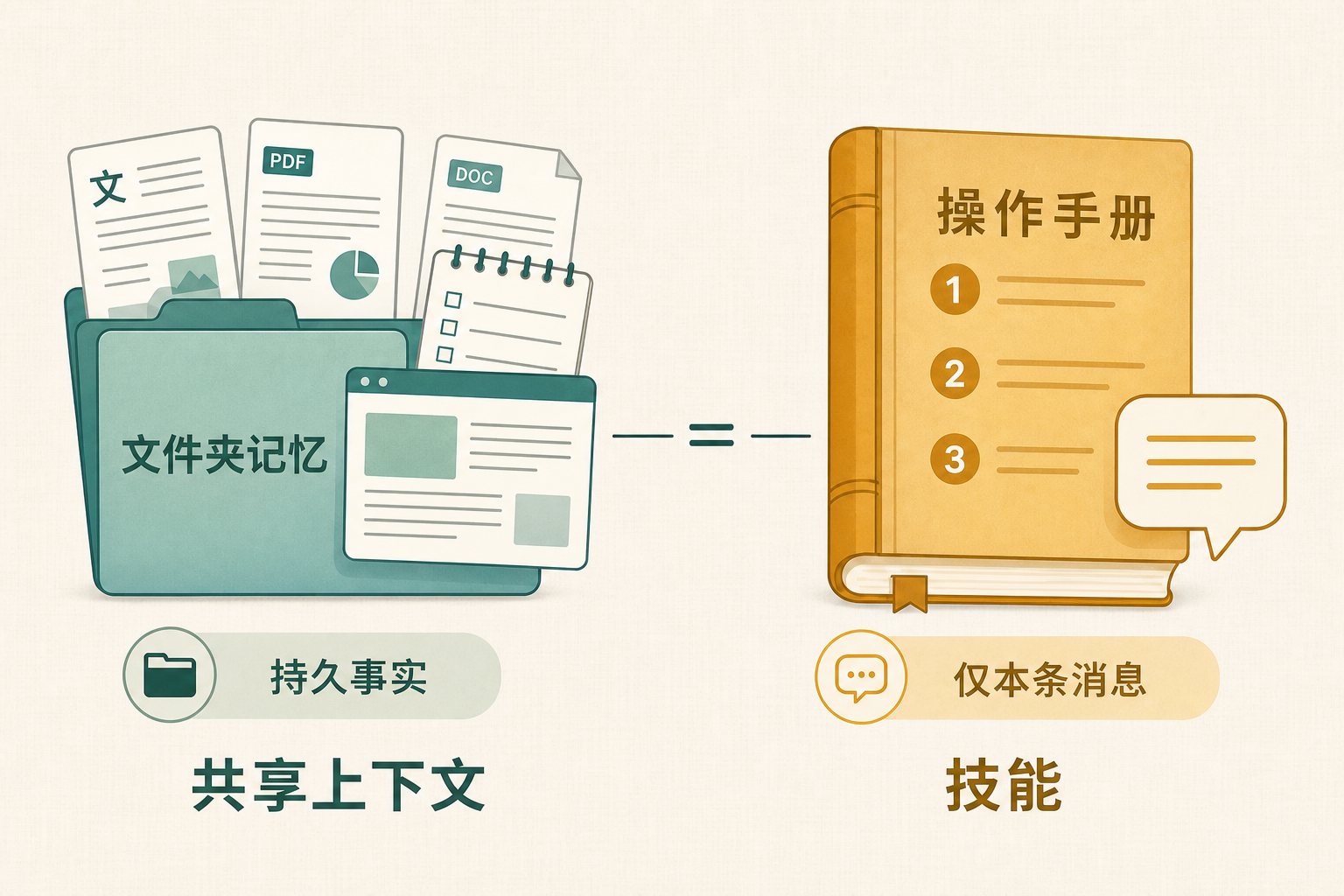 共享上下文 = 持久事实;技能 = 仅本条消息