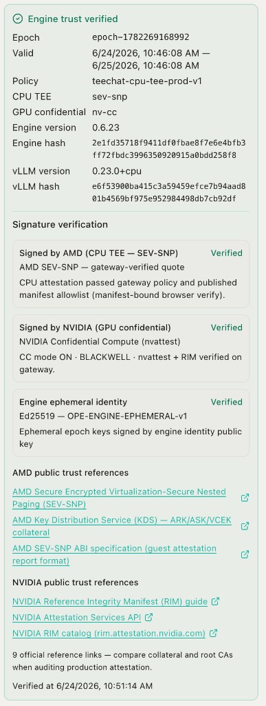Engine trust verified: epoch, Engine version 0.6.23, engine and vLLM hashes, AMD/NVIDIA signature verification, and public trust references