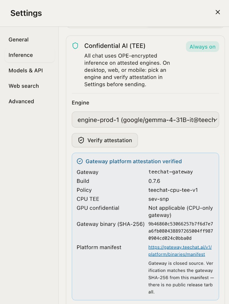 Settings: gateway platform attestation verified — Build 0.7.6, CPU TEE sev-snp, gateway hash, platform manifest link
